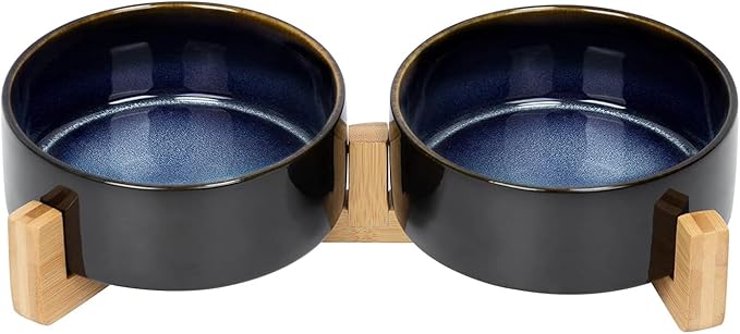 SPUNKYJUNKY Ceramic Dog and Cat Bowl Set with Wooden Stand, Modern Cute Weighted Food Water Set for Small Size Dogs (13.5OZ) & Medium Sized Dogs (28.7OZ) & Cats (1.7 Cups, 2 × Starry Blue)-Mewly Pet