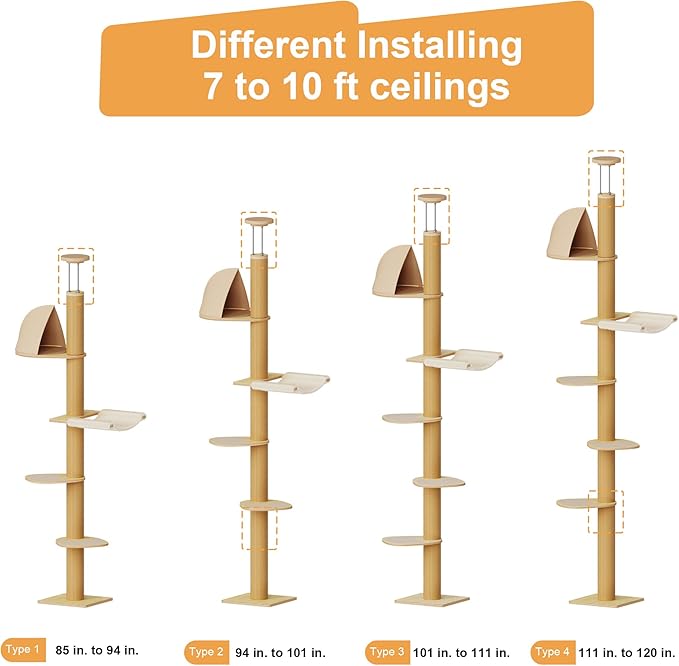 FUKUMARU Floor to Ceiling Cat Tree, 6 Level Adjustable Height (6-10 ft) Climbing Tower with Thickened Scratching Posts, Cats Activity Center with Cozy Hammock - Beige-Mewly Pet