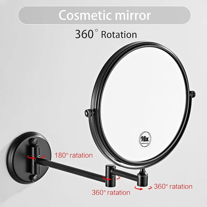 1x10x Magnifying Double Sided Bathroom Mirror 360 Degree Swivel Makeup Mirror Black Adjustable Extension Arm Wall Mount 8 Inch Non-Illuminated Beauty Mirror Shaving Mirror (Round Base)