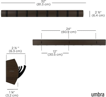 Umbra - Flip Wall-Mounted Coat Rack Rail Hook for Hats, Jackets, Bags and More, Wood, Metal, Black/Walnut