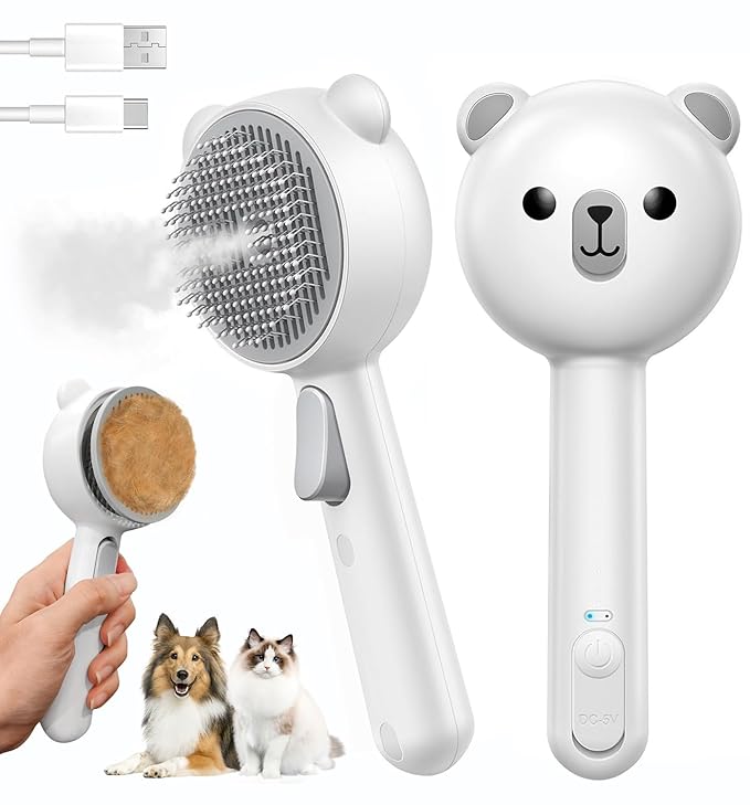 Cat Steam Brush, Self Cleaning Pet Spray Hair Removal Comb with Release Button, 3 In 1 Cat Brush for Indoor Cats for Shedding, Waterproof Pet Grooming Brushes for Long Short Haired Dogs Cats-Mewly Pet
