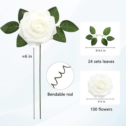 JOYLEX Artificial Flowers Realistic Roses, 100 pcs Real Looking Fake Roses with Stem for DIY Wedding Bouquets Centerpieces Bridal Shower Party Home Romantic Decorations (White)