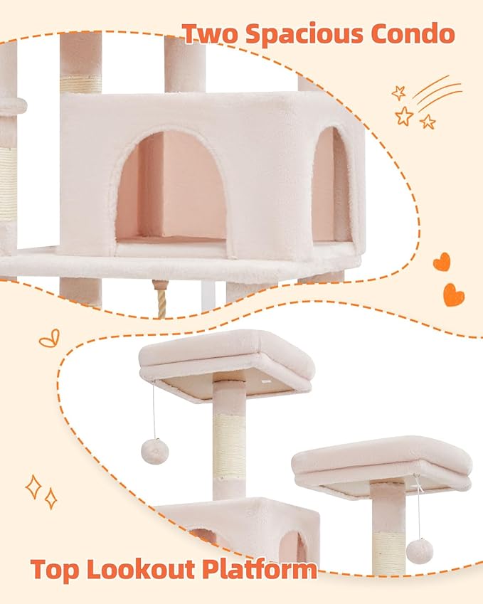 Taoqimiao Cat Tree, 66.2-Inch Cat Tower for Indoor Cats, Plush Multi-Level Cat Condo with 12 Scratching Posts, 2 Perches, 2 Caves, Hammock, 2 Pompoms, Jelly Pink MS013P-Mewly Pet
