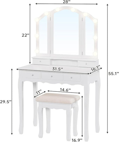 Tiptiper Vanity Table Set with Lighted Tri-Folding Mirror, Makeup Vanity with Lights & 3 Color Lighting Modes, Vanity Desk with Mirror and Cushioned Stool, Makeup Table with 5 Drawers, White
