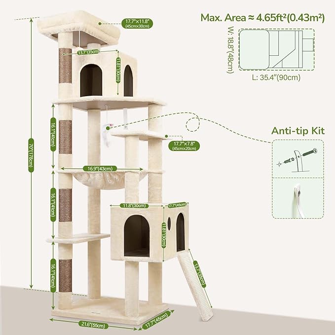 Globlazer Heavy Duty Cat Tree Tower, 70inch Sturdy Cat Tree for Indoor Cats Sturdy Large Cat Tower with Scratching Post and Scratching Board, Hammock, Cat Condo for Adult Cats Kittens, F70 Pro, Beige-Mewly Pet