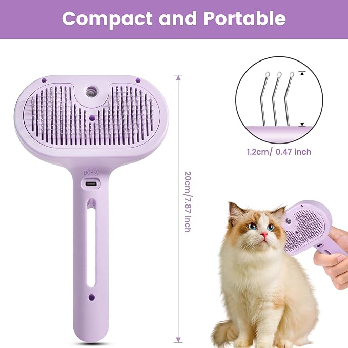 3 in 1 Cat Steam Brush, Pet Spray Hair Removal Comb for Shedding & Grooming, Water Brush for Cats Dogs Small Animals Long Short Haired with One-Click Release Button(Purple)-Mewly Pet
