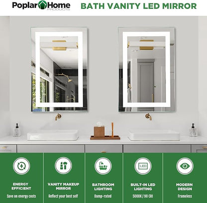 LED Vanity Bathroom Mirror 30 x 20 in. Wall Mounted, Dimmable, Lighted, Anti-Fog Mirror – Modern, Frameless Design