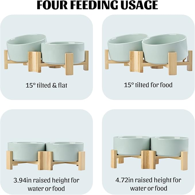 SPUNKYJUNKY 15° Slanted Ceramic Dog and Cat Bowl with Wooden Stand, Tilted Bulldog Food and Water Bowl No Slip Non-Spill for Cats Medium Dogs Big Face Pets 28.7 OZ (3.6 Cups, Morandi Green × 2)-Mewly Pet