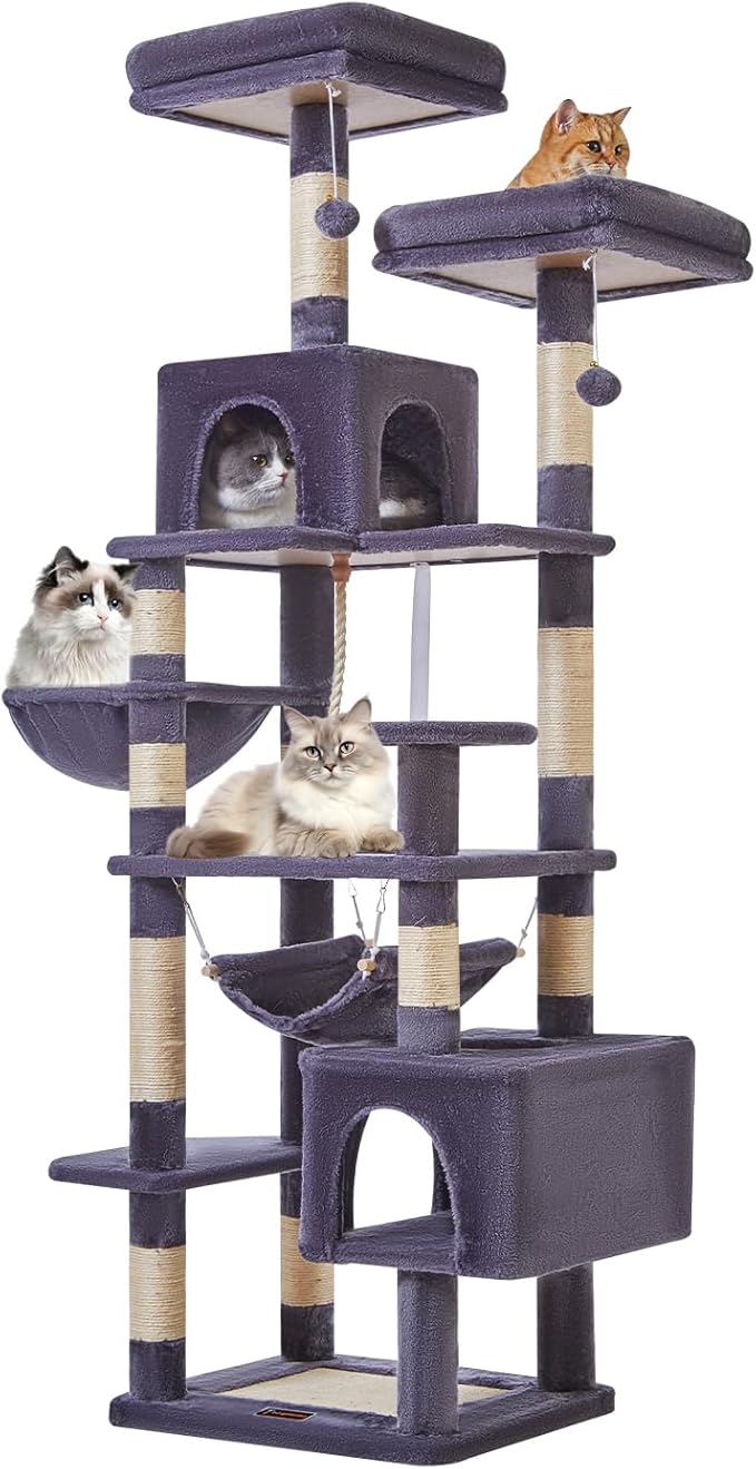 Taoqimiao Cat Tree, 71-Inch Cat Tree Cat Tower for Indoor Cats, Plush Multi-Level Cat Condo with 10 Scratching Posts, 2 Perches,Basket, 2 Caves,Hammock, 2 Pompoms,MS020G Beige Smoky Gray-Mewly Pet