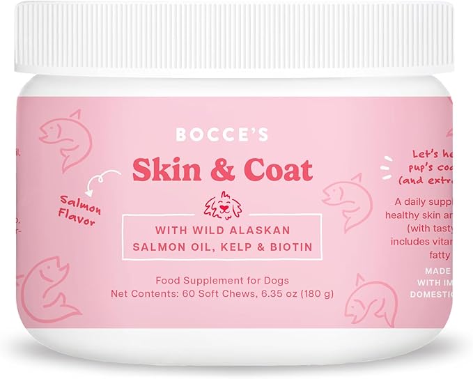 Bocce's Bakery Skin & Coat Supplement for Dogs, Daily Chews Made in The USA with Vitamin E & Essential Fatty Acids, Supports Healthy Skin & Coat, Salmon, 60 ct, Red (DG-SP-SKIN60)-Mewly Pet