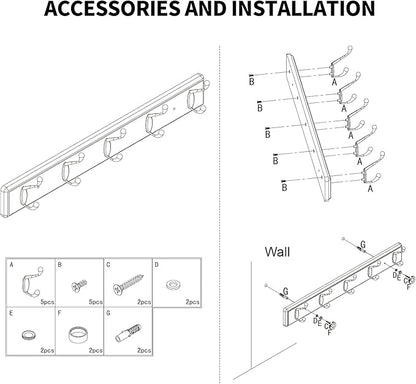 Wooden Coat Rack, Wall-Mounted Organizer for Closet, Entryway, Hallway, Foyer, Bedroom, Heavy Duty Double Hooks for Hanging Towels, Bags, Hats, Jackets, Key (Black, 5 Hooks)