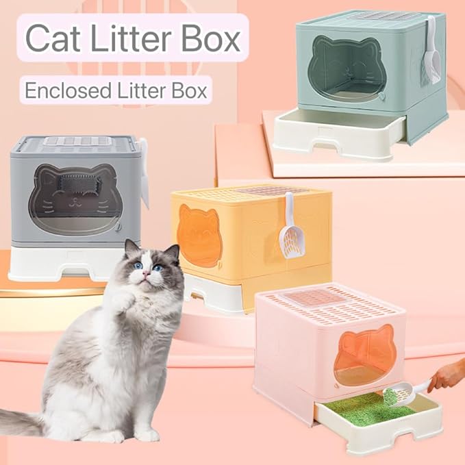 Top Entry Cat Litter Box with Lid, Anti-Splash Foldable Cat Litter Box with Activated Carbon Keeping Air Fresh, Drawer Type Easy to Clean, Large (Grey)-Mewly Pet