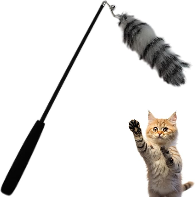 Interactive Cat Wand Toy with Cat Dancer, Retractable Feather Fox Tail Teaser for Indoor Cats, Enrichment Play Kittens to Senior Cats(Arctic White)-Mewly Pet