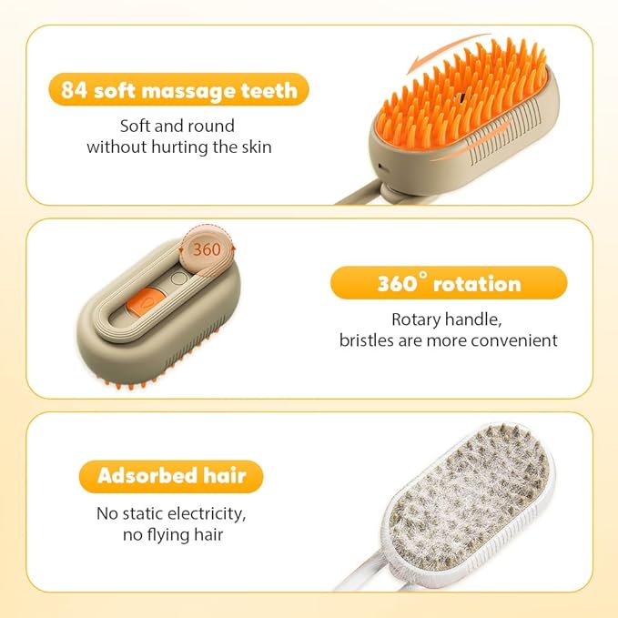 3-In-1 Rechargeable Steamy Cat Brush, Deep Cleaning & Hair Removal System with Rotating Handle, 360° Massage for Cats & Dogs (Cream)-Mewly Pet