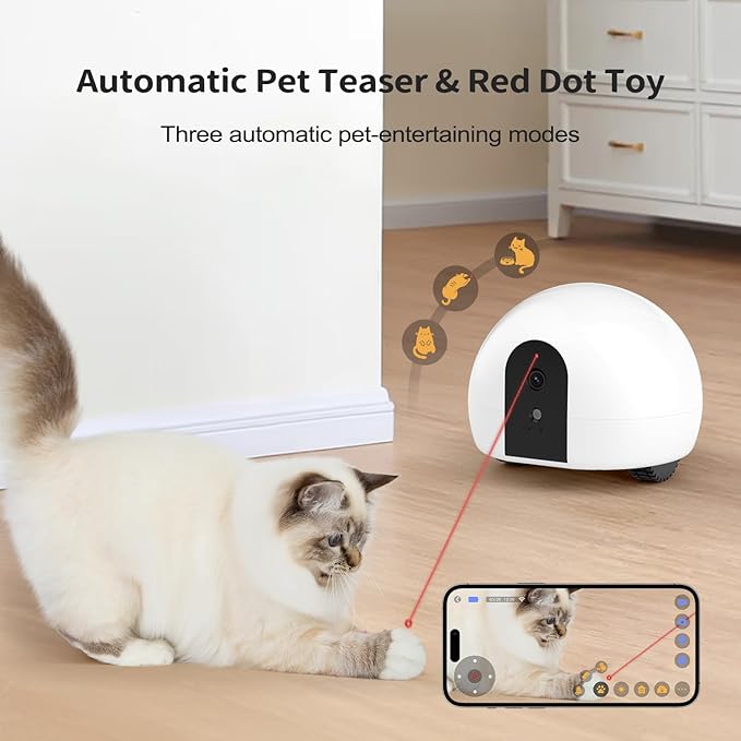 Cat Camera with Interactive Pointer Toy, Moving Robot for Dog and Cat, Mobile Pet Camera Treat Dispenser with Phone App, Auto Recharging and Night Vision, Two-Way Audio (2.4G Wi-Fi Only)-Mewly Pet