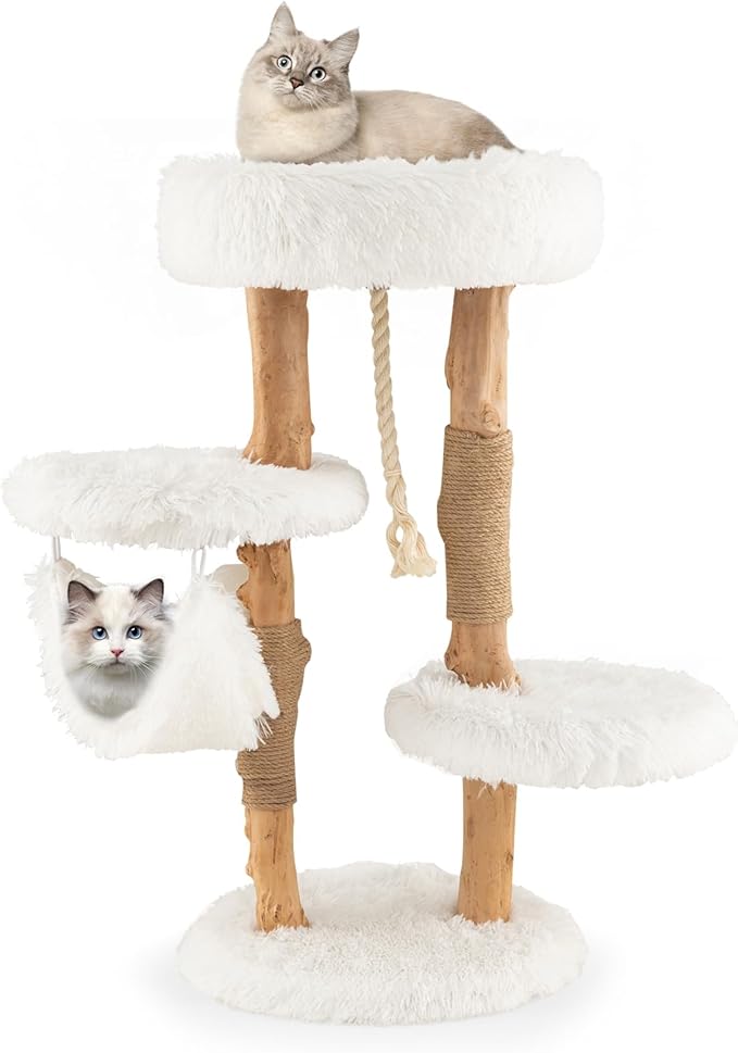 Tangkula Cat Tree Tower, Solid Wood Modern Cat Tower with Cozy Top Perch, 2 Platforms & 1 Hammock, Natural Branch Cute Cat Tree with Scratching Posts & Sisal Rope for Indoor Cats-Mewly Pet