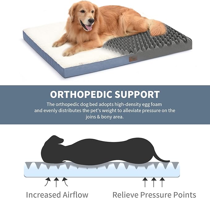 Outdoor Dog Beds for Extra Large Dogs, XL Pet Bed for Large Sized Dog, Egg Crate Foam Pet Bed with Removable Washable Oxford Cooling Cover, Blue White-Mewly Pet
