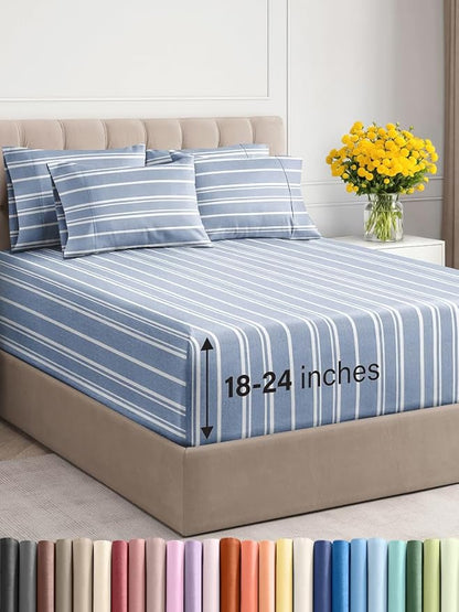 Extra Deep Queen Sheet Set - 6 Piece Breathable and Cooling Sheets - Hotel Luxury Bed Sheets Set - Easy Fit - Soft, Wrinkle Free and Comfy Sheets Set - Blue Striped Sheet Set with Extra Deep Pockets