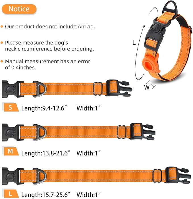 JSXD AirTag Dog Collar, Night Reflective Nylon Dog Collar for Small Medium Large Dogs,Lockable Quick Release Buckle,Padded Breathable Pet Collar with AirTag Holder (Orange, Large)-Mewly Pet