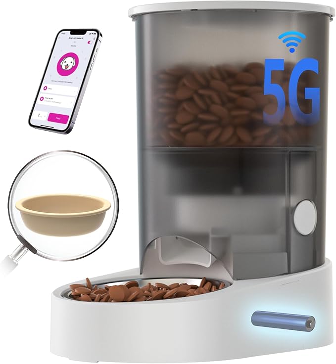 PAPIFEED Automatic Cat Feeder, 4L Auto Dog Cat Feeder with Rechargeable Battery & Dual-Band WiFi (2.4G & 5G), Automatic Pet Food Dispenser for Outdoor Travel Home - Ceramic Bowl Included-Mewly Pet