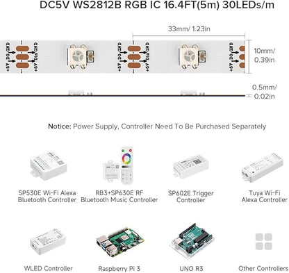 BTF-LIGHTING WS2812B IC RGB 5050SMD Pure Gold Individual Addressable LED Strip 16.4FT 150LED 30Pixel/m Flexible Full Color IP67 DC5V for DIY Chasing Color Project(No Adapter or Controller)