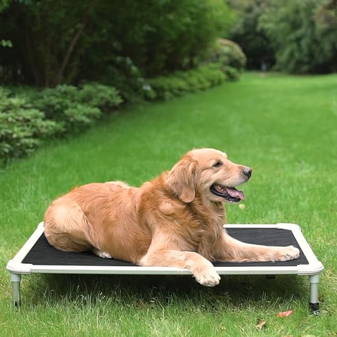 Veehoo Chew Proof Elevated Dog Bed - Cooling Raised Pet Cot - Silver Aluminum Frame and Durable Textilene Mesh Fabric, Unique Designed No-Slip Feet for Indoor or Outdoor Use, Black Silver, Large-Mewly Pet