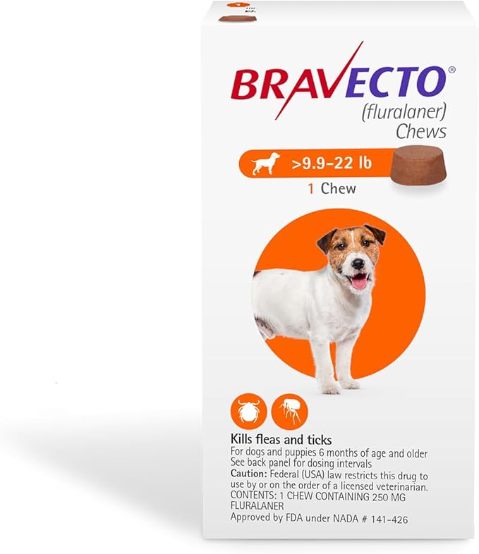 BRAVECTO Chew for Dogs, Flea & Tick, 1 Chew, 12 Week Supply, 9.9-22 lbs., Orange Box-Mewly Pet