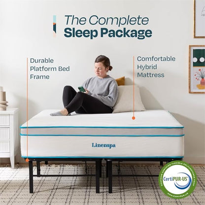 Linenspa 12” Memory Foam and Innerspring Hybrid Mattress + 14” Black Metal Platform Bedframe – Twin XL Mattress + Metal Folding Twin XL Bedframe