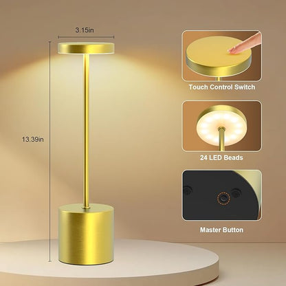Cordless Table Lamp – 2 Pack Rechargeable Table Lamps, 5000mAh Battery Operated Lamp with 3-Color Dimmable Light, Outdoor Table Lamp for Bedroom, Restaurant, Patio, Home Décor (Gold)