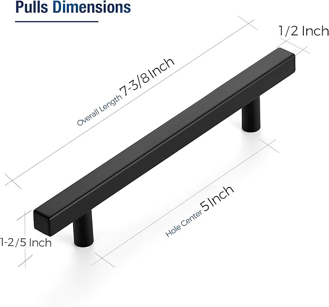 JOY DECOR 30 Pack 5 Inch Matte Black Square Cabinet Handles Stainless Steel Cabinet Hardware Pulls for Kitchen and Drawers with 7-3/8 Inch Overall Length