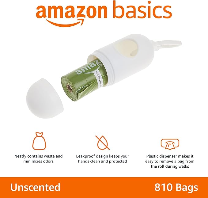 Amazon Basics Leak Proof Dog Poop Bags with Dispenser and Leash Clip, Unscented, 13 x 9 Inches - 810 Count (15 Bags per Roll, 54 Rolls)-Mewly Pet