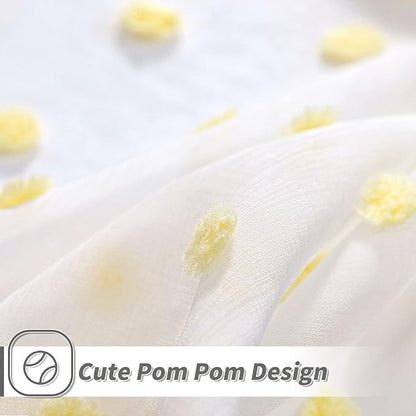 MYSKY HOME Short Curtains for Small Window - 45 Inch Long Pom Pom Sheer Curtains for Bedroom, Living Room, Kitchen, Nursery - Yellow Cafe Panels with Rod Pocket - 2 Sets Voile - 52 x 45 in