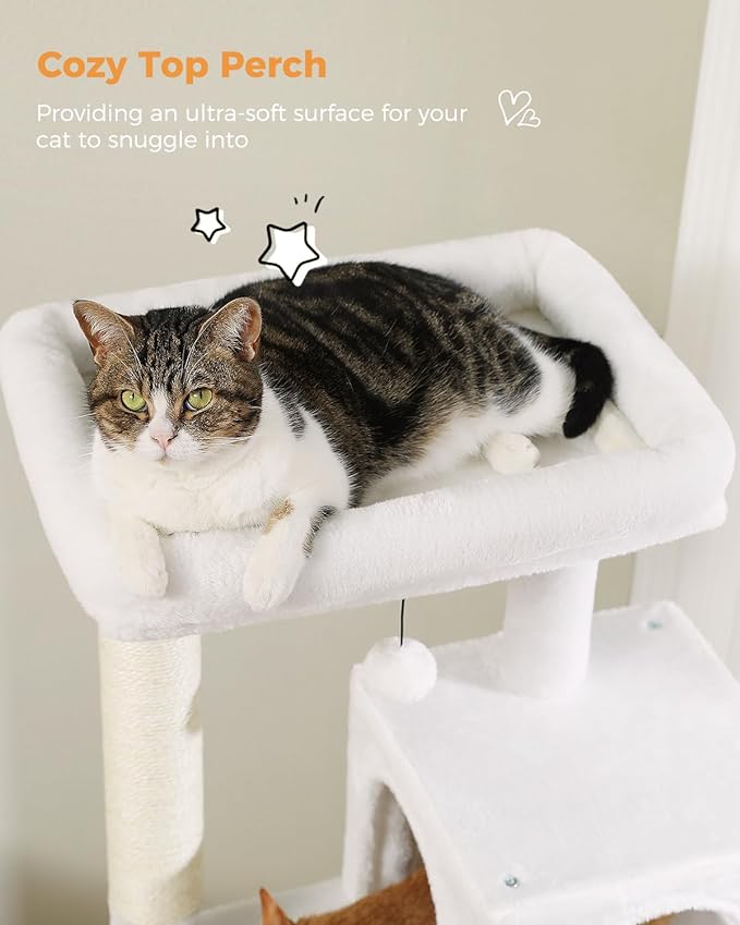 Cat Tree for Large Cats with Metal Plush Big Hammock, 56.3" Cat Tower for Indoor Cats with 2 Door Condo House, 6-Tier Cat Shelves with Scratching Posts and Large Top Perch, Cream White-Mewly Pet
