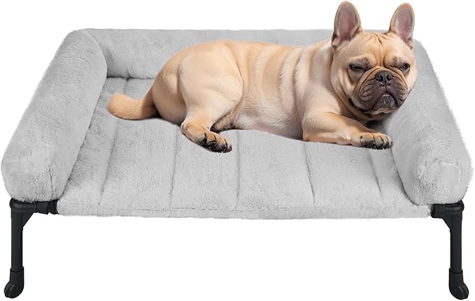 Veehoo Cooling Elevated Dog Bed with Fluffy Plush Bolster Cushion, Indoor Raised Dog Beds for Large Dogs, Soft Pet Sofa Cot with Removable Washable Mat, No-Slip Feet, 32 x 25 inches, Grey-Mewly Pet