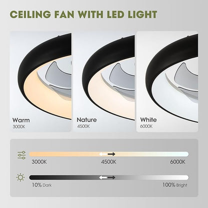 Ceiling Fans with Lights 20'' Flush Mount Fan Remote & APP Control Black Low Profile 6 Wind Speeds Smart Dimmable LED for Bedroom Living Room (Y1095-BK-ELE)