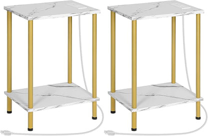 HOOBRO Side Table with Charging Station, Set of 2 End Tables with USB Port and Outlet, Nightstand with 2-Layer Storage Shelves for Small Spaces, Living Room, Bedroom, Gold and Marble DM09UBZP201