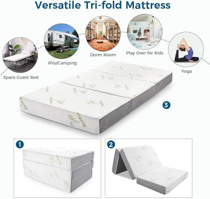Inofia Folding Mattress, 6 Inch Trifold Memory Foam Mattress with Ultra Soft Removable Cover, Non-Slip Bottom & Breathable Mesh Sides, Foldable & Portable - Cot Size (75" x 31" x 6")