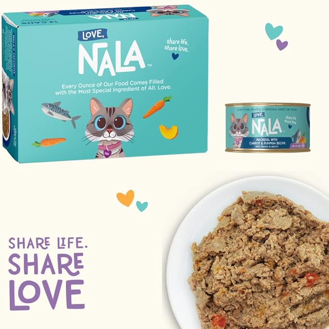 LOVE, NALA - Natural Adult Cat Wet Food - Pate Mackerel with Carrot & Pumpkin Recipe- Grain Free, Non-GMO, Lean Protein, Omega 3, Digestive Fiber Blend, Added Minerals & Vitamins - 12 Pack 2.4 lbs.-Mewly Pet