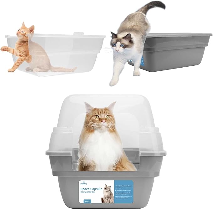 Petfamily Cat Litter Box, Large Foldable Jumbo Hooded with Transparent Lid,Grey-Mewly Pet