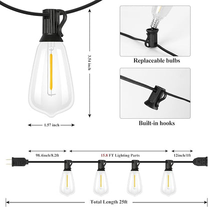 Brightever Outdoor String Lights, 25FT Patio Lights with 13 ST38 LED Edison Bulbs (1 Spare), Waterproof Connectable String Lights for Outside, Dimmable Hanging Light for Backyard Porch Decor, Black