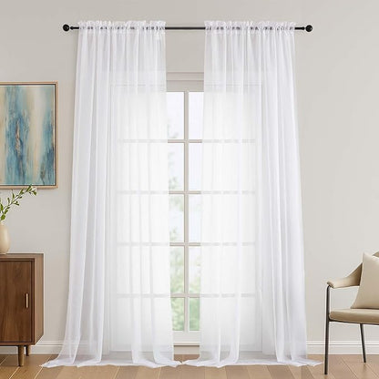 OVZME White Bedroom Curtains 96 Length for Farmhouse, 59 Inch Extra Wide Light Filtering Voile Drapes Light Airy Window Decor for Patio Door Living Room Bedroom Dining, 59Wx96L Inches