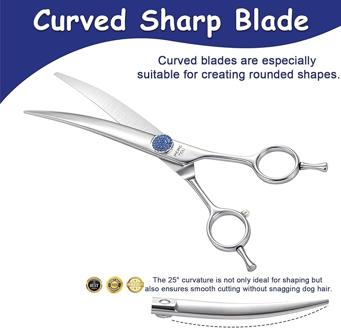 7.5'' Dog Grooming Scissors Set with Blue Diamond Adjustable Screws CNC 440C Stainless Steel Thinner Chunker Straight Curved Shears with Comb Sharp and Durable-Mewly Pet