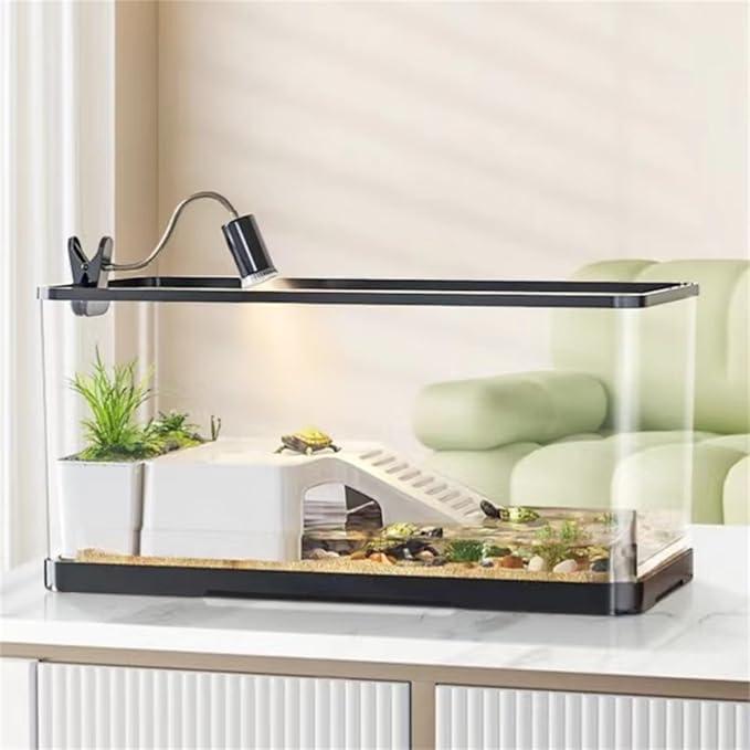 (Tank + Light + Filter + Filter Balls) Turtle Tank Kit, Turtle Tank Starter Kit,Bottom Drainage, Multi-Function Areas for Turtles, Crabs,Fishes, Amphibians,Reptiles.(21.65 × 12.28 × 12.28 Inch)-Mewly Pet