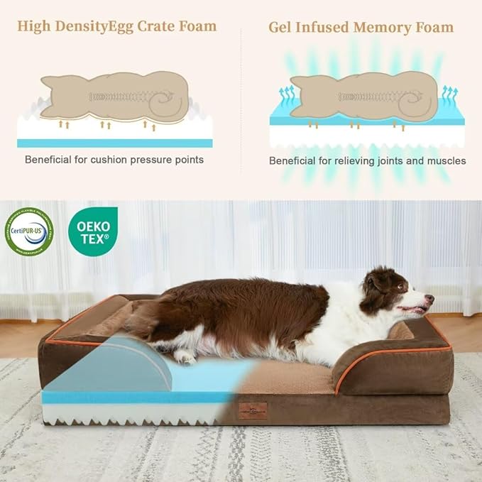 Comfort Expression Memory Foam Dog Beds, Washable Dog Bed Jumbo Breed, Orthopedic Dog Bed Waterproof Pet Sofa Couch with Bolster & Removable Cover(Jumbo,Khaki Brown)-Mewly Pet