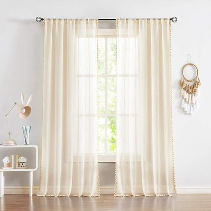 Treatmentex Pompom Linen Sheer Curtains for Living Room Bedroom 72 inches Long Slub Textured Window Curtain Drapes for Office 2 pcs, Beige