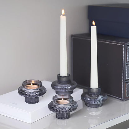 VOHO Smoky Grey Taper Candle Holders Set of 6, Classic Ribbed Candle Sticks Holder Decor for Table Centerpiece at Daily/Birthday/Party, Double Sided Candle Holder for Candlesticks & Tea Lights Candles