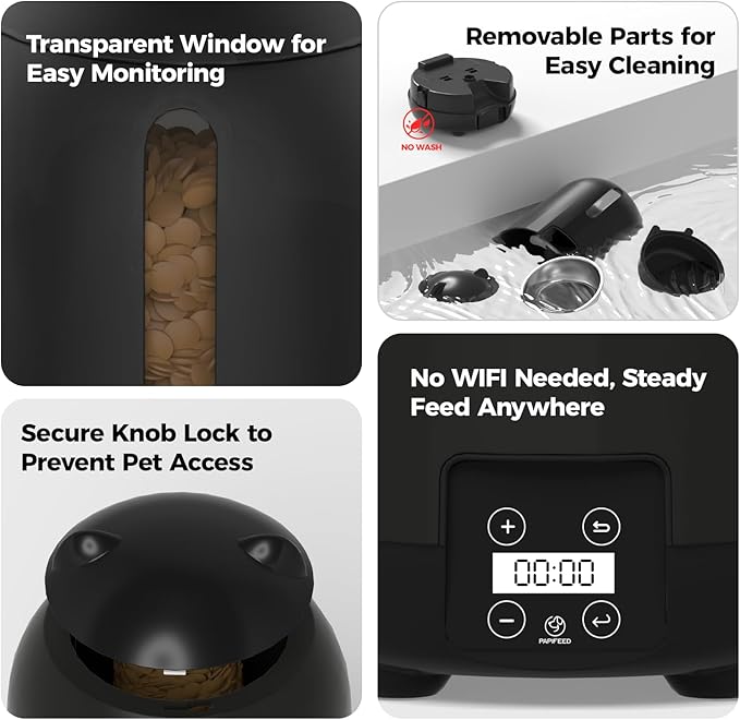 PAPIFEED Automatic Cat Feeder, 3L Timed Cats Food Dispenser with Dual Power Supply, Auto Pet Feeder with Programmable Portion Control for Cats and Small Dogs, Black-Mewly Pet