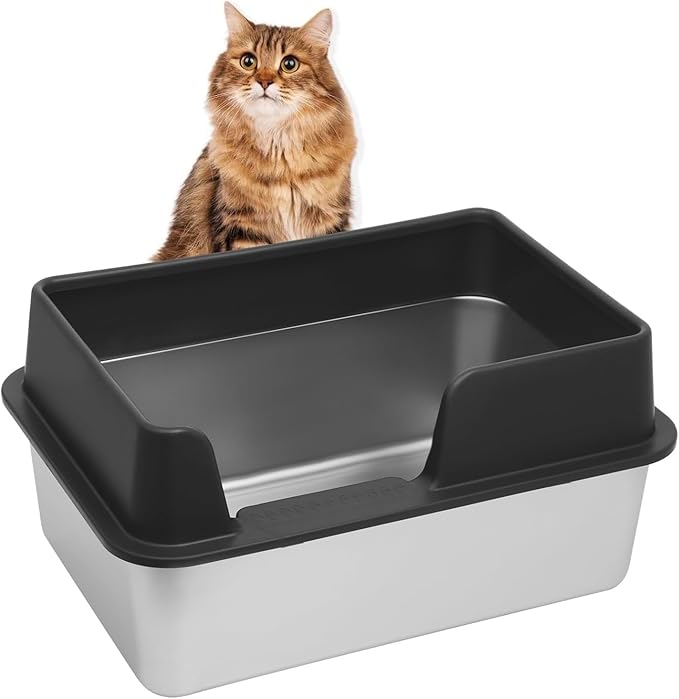 Kichwit Stainless Steel Cat Litter Box with High Sides Easy to Clean, Smooth Surface, Rust Resistant, 19.8" x 13.8" x 10" (with Lid)-Mewly Pet