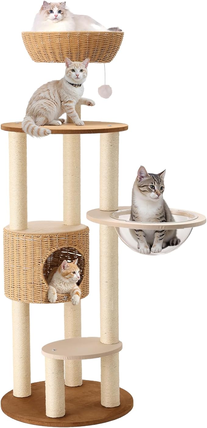 Heavy Duty Cat Tree with Scratching Post,Capsule,Basket,and Bed Modern Tall Cat Condo for Indoor Large-Mewly Pet