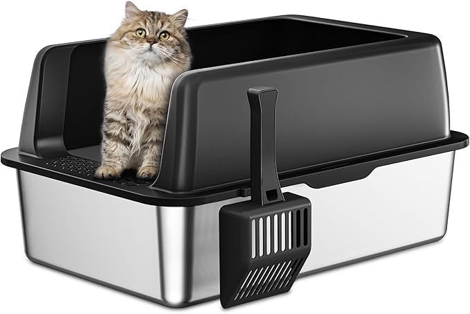 Zarler Stainless Steel Litter Box with Lid, Extra Large Cat Litter Boxes, XL Large Metal Litter Box for Big Cats with High Sided, Black (Non-Sticky, Easy to Clean, Anti-Urine Leakage)-Mewly Pet